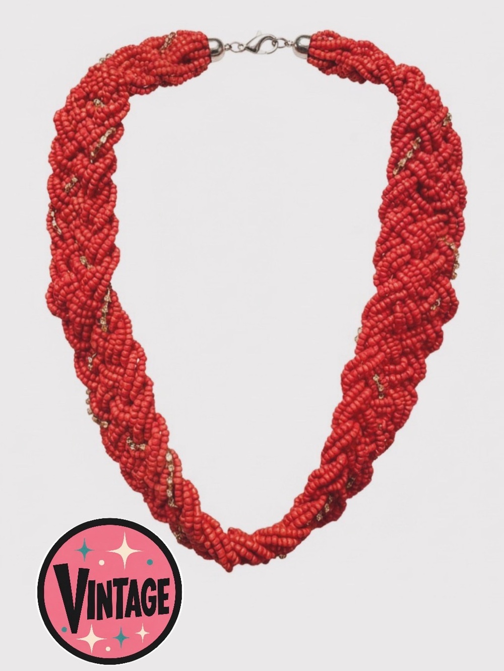 Vintage 70s 80s Chunky Red Braided Seed Bead Boho/Bib/Choker Rhinestone Necklace